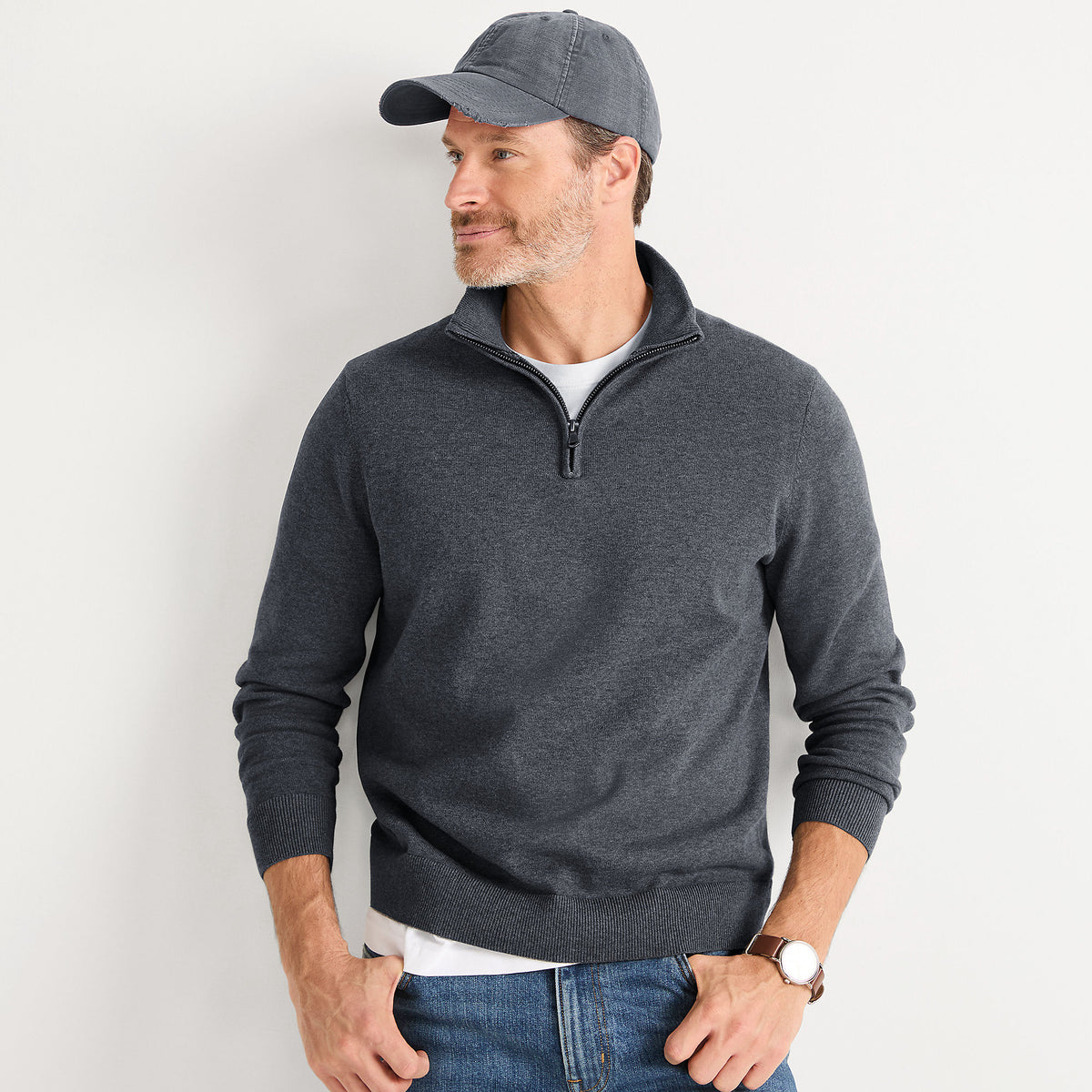 Men's Long Sleeve Fine Gauge Cotton Quarter Zip Sweater