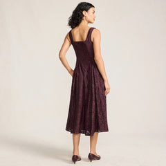 Women's Lace Pleated Square Neck Midi Dress