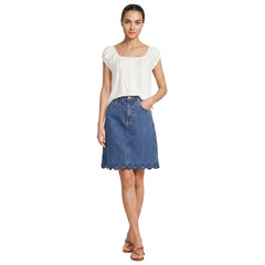 Women's Petite Soft Denim 5 Pocket Above the Knee Skirt with Embroidered Hem