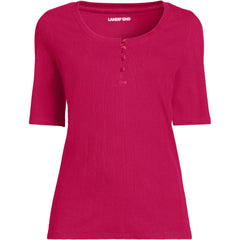 Women's Plus Size Elbow Sleeve Variegated Micro Rib Scoop Neck Henley