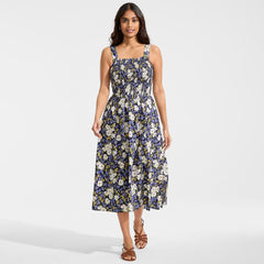 Women's Petite Poplin Smocked Bodice Midi Dress