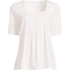 Women's Elbow Sleeve Lightweight Jersey Pintuck Square Neck Top