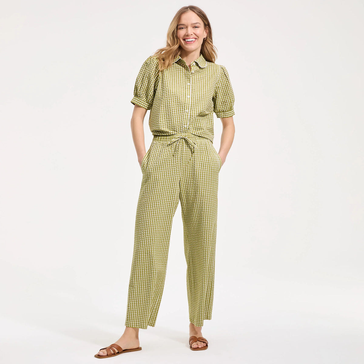 Women's Petite Seersucker High Rise Drawstring Wide Leg Pants