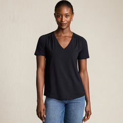 Women's Petite Short Sleeve Lightweight Jersey Gathered Shoulder T-Shirt