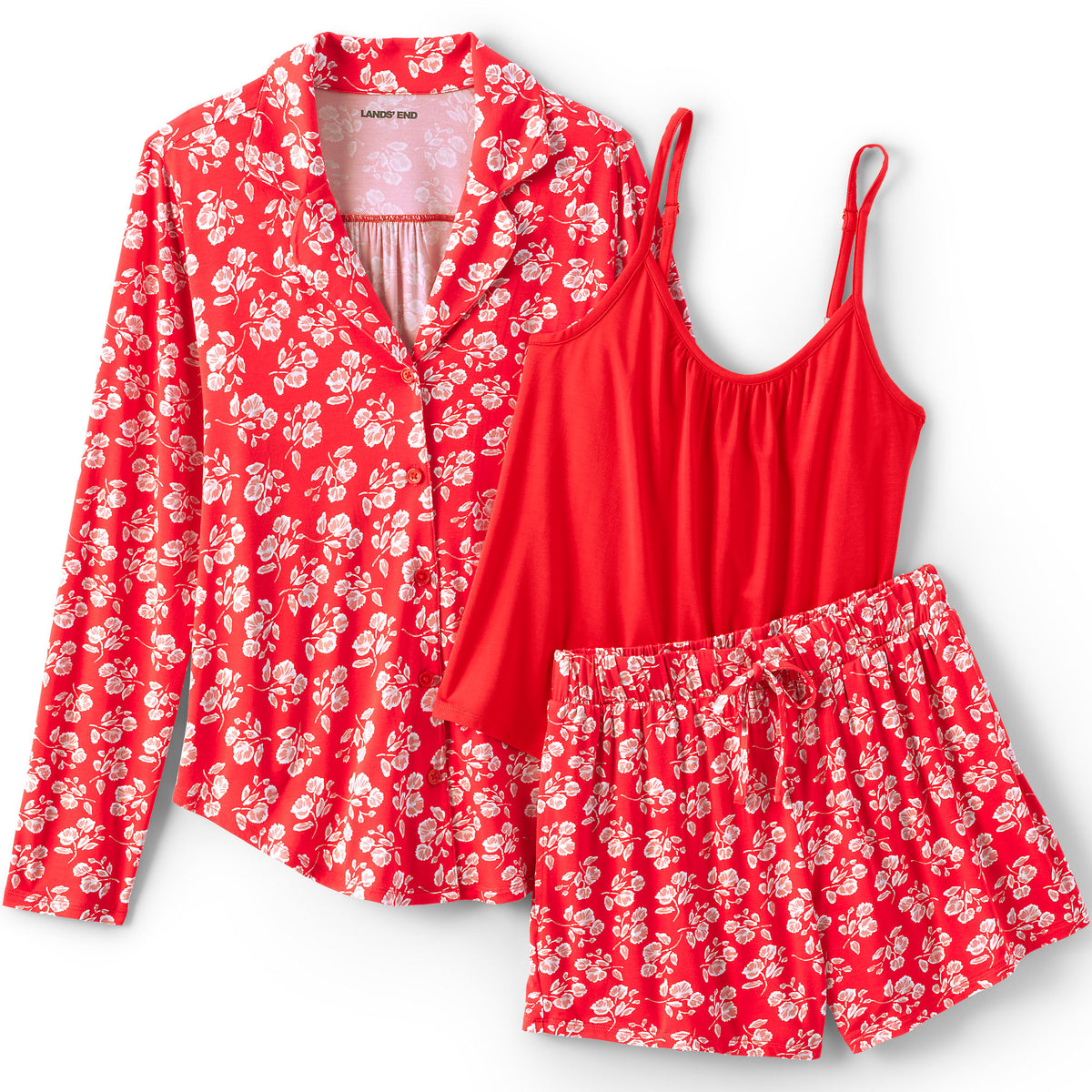 Women's Plus Size Cooling 3 Piece Pajama Set - Long Sleeve Top Cami and Shorts