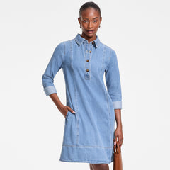 Women's Petite Light Weight Denim Popover At the Knee Dress