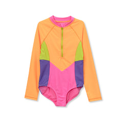 Girls Chlorine Resistant Long Sleeve One Piece Half Zip Swimsuit