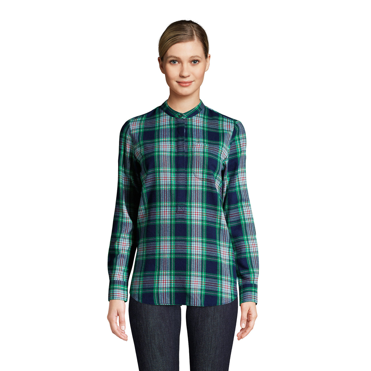Women's Petite Flannel Long Sleeve Tunic Top