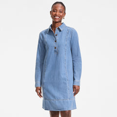 Women's Petite Light Weight Denim Popover At the Knee Dress