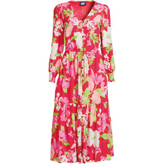 Women's Petite Crepe Button Front Long Sleeve Midi Dress