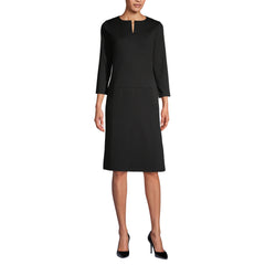 Womens Petite Ponte 3/4 Sleeve Split Neck Shift Dress