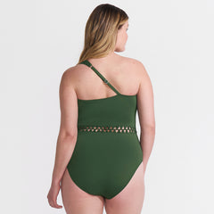 Women's Plus Size Macrame One Shoulder High Leg One Piece Swimsuit