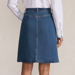 Women's Petite Soft Denim Mid Rise Button Through Above the Knee Skirt
