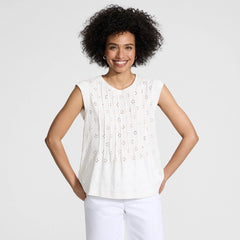 Women's Cap Sleeve Eyelet Pintuck Swing Top