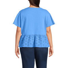Women's Plus Size Short Sleeve Mixed Media Eyelet Top