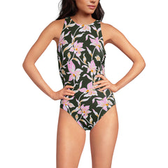 Women's Petite Tugless High Neck Portrait Back One Piece Swimsuit