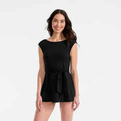 Women's Cap Sleeve Tie Belt Mini Swim Dress