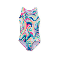 Girls Slim Chlorine Resistant Sporty Hi-Neck Racer Back One Piece Swimsuit