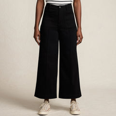 Women's Petite Denim High Rise Patch Pocket Extra Wide Leg Crop Jeans