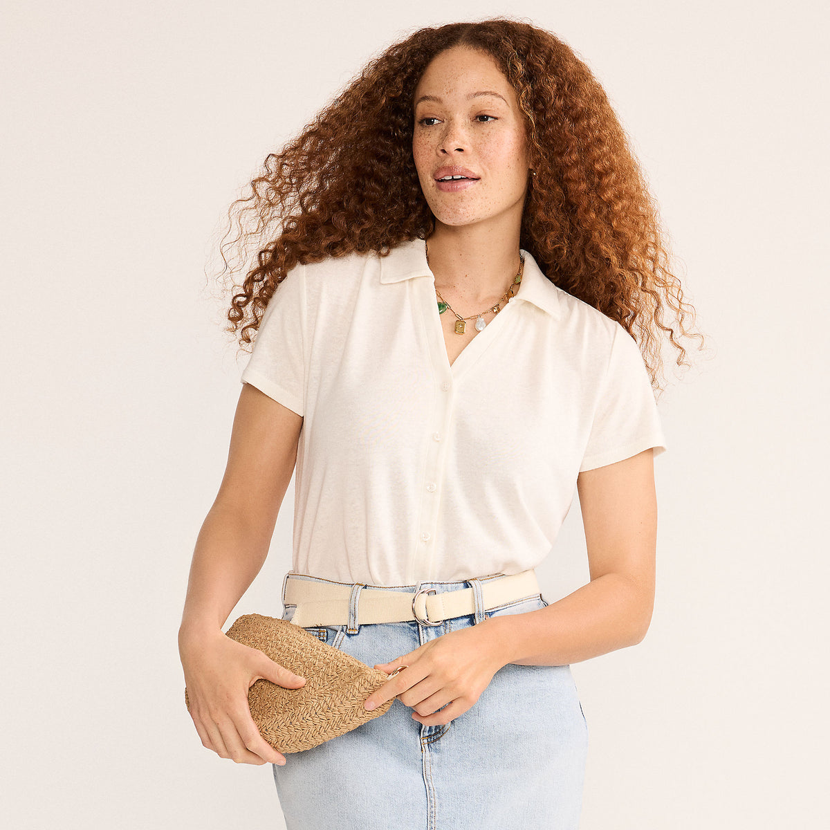 Women's Petite Linen Blend Short Sleeve Button Front Polo Top