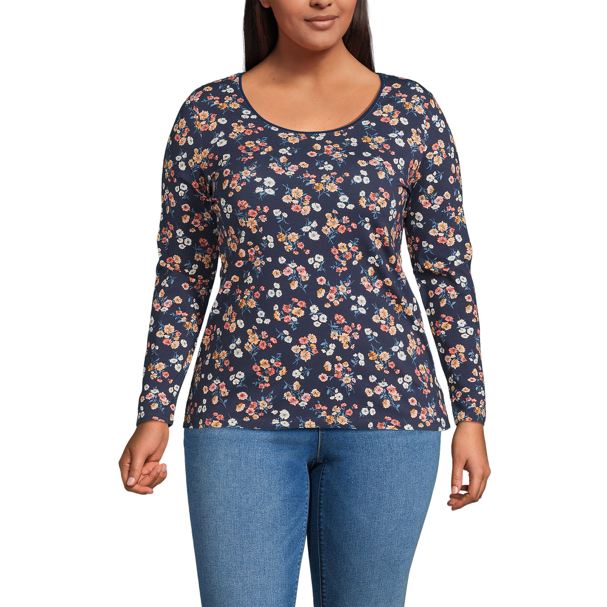 Women's Plus Size Lightweight Jersey Skimming Long Sleeve Scoop Neck T-shirt