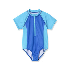 Girls Short Sleeve One Piece Half Zip Swimsuit