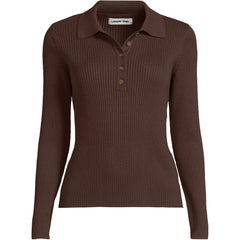 Women's Plus Size Cotton Ribbed Long Sleeve Polo Sweater
