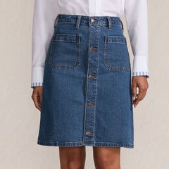 Women's Petite Soft Denim Mid Rise Button Through Above the Knee Skirt