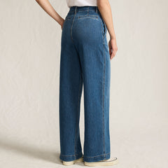 Women's Petite Soft Denim High Rise Wide Leg Top Stitch Trousers