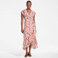 Women's Chiffon Flutter Sleeve V-Neck Wrap Maxi Dress