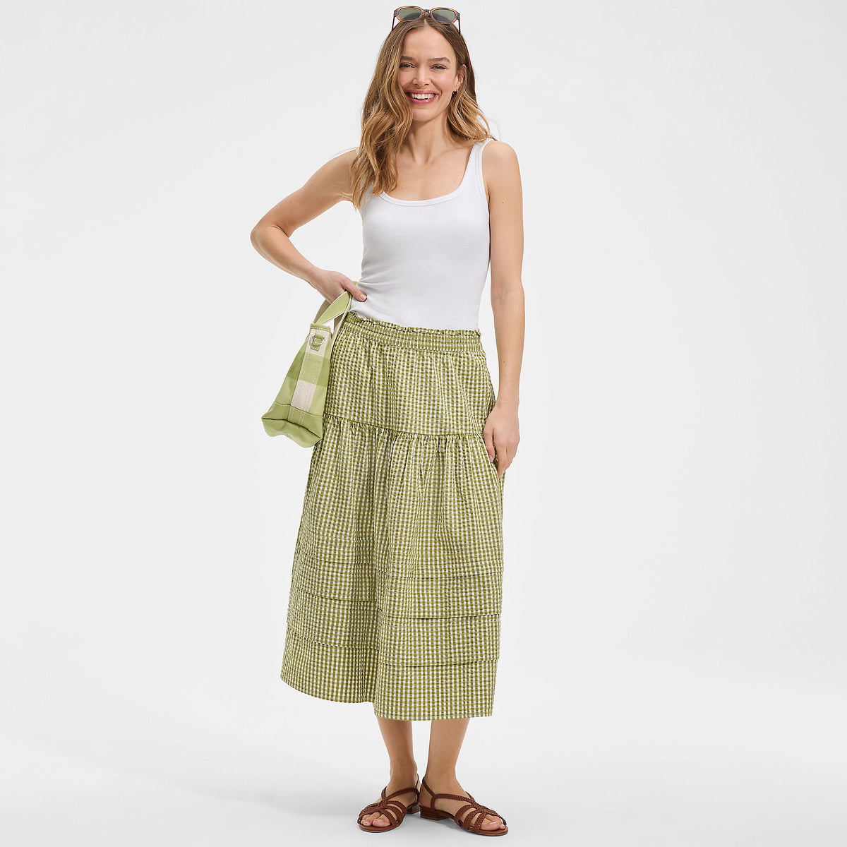 Women's Petite Seersucker Pull On Midi Skirt
