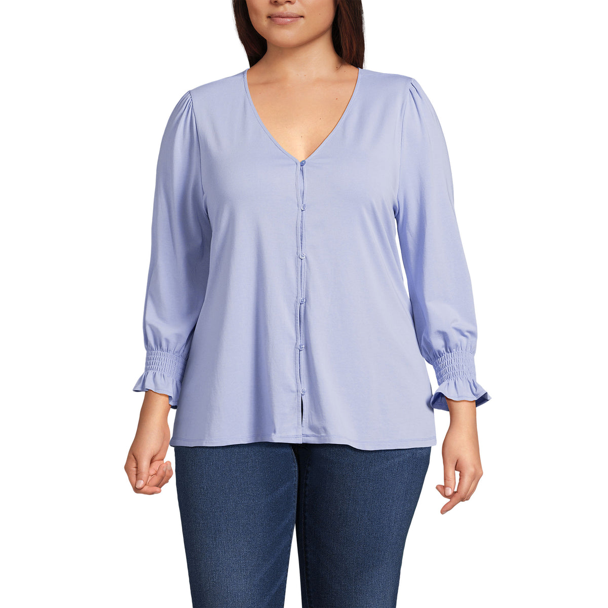 Women's Plus Size 3/4 Sleeve Lightweight Jersey Button Front Top