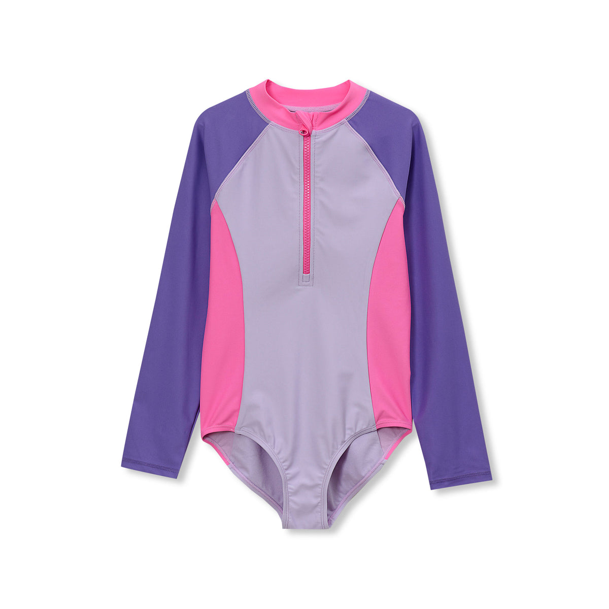 Girls Chlorine Resistant Long Sleeve One Piece Half Zip Swimsuit