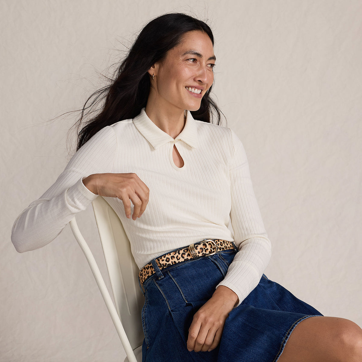 Women's Long Sleeve Pointelle Rib Keyhole Polo Top