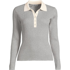 Women's Plus Size Cotton Ribbed Long Sleeve Polo Sweater