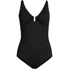 Women's Chlorine Resistant Shirred V-neck One Piece Swimsuit