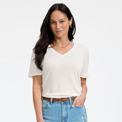 Women's Short Sleeve Linen Blend V-Neck Tee