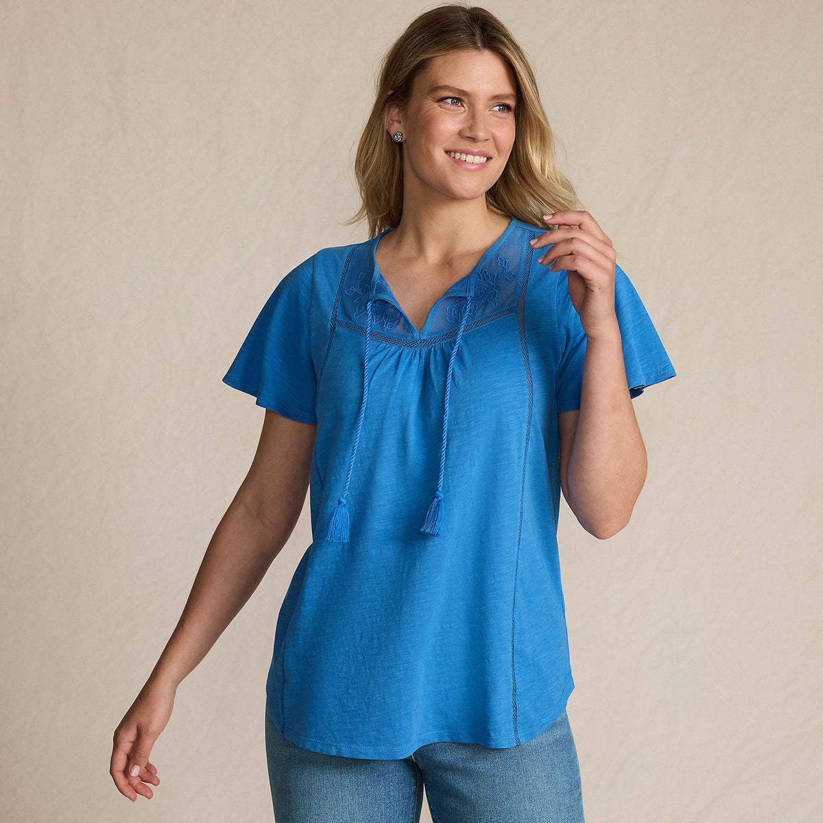 Women's Slub Flutter Sleeve Lace Trim Notch Neck Tunic Top