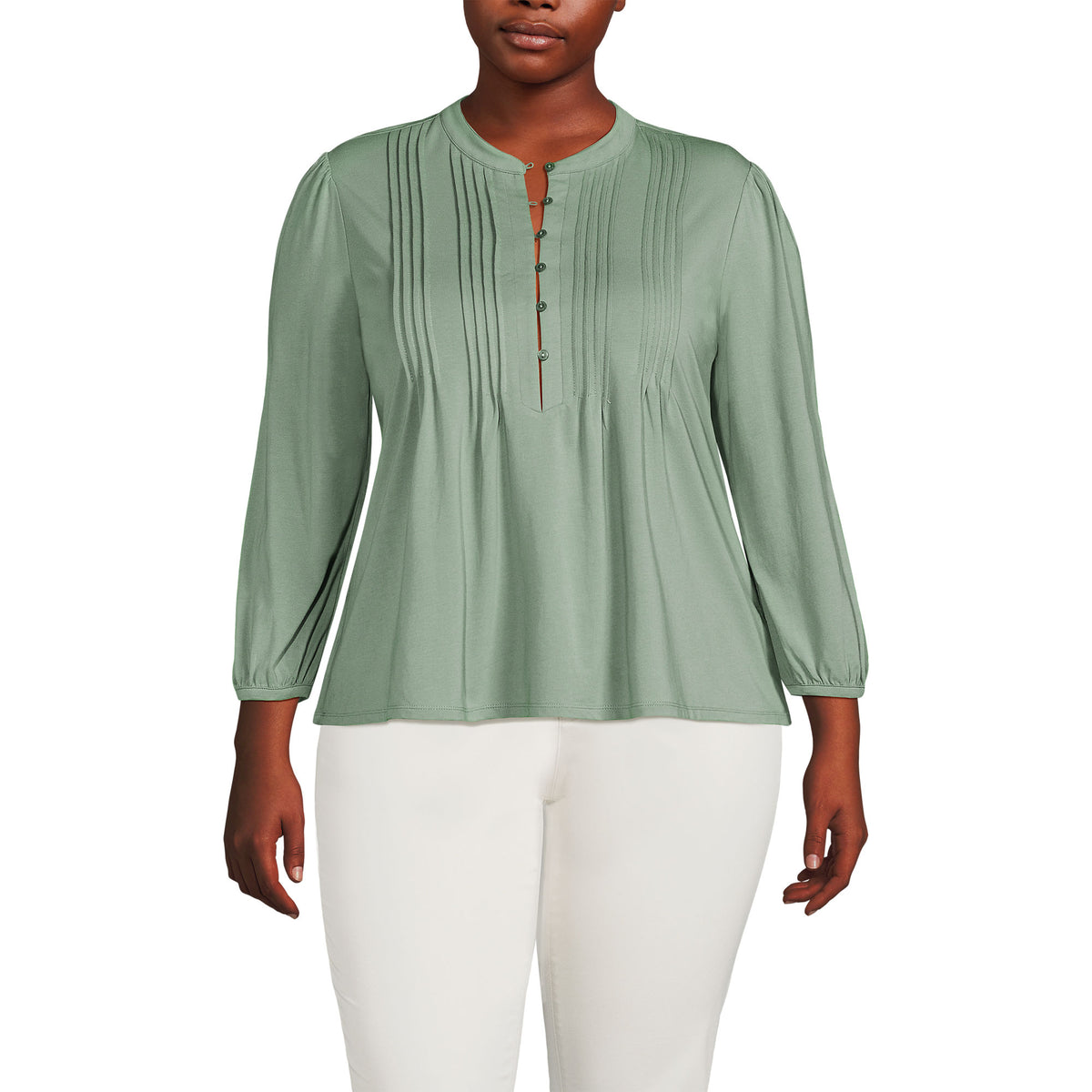 Women's Plus Size Lightweight Jersey Button Pintuck Top