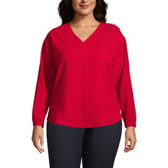 Women's Plus Size Long Sleeve V-neck Button Shoulder Crepe Blouse