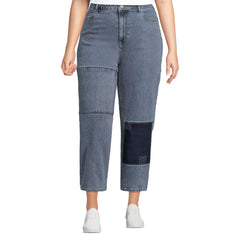 Women's Plus Size Soft Denim Mid Rise Relaxed Straight Crop Patchwork Jeans