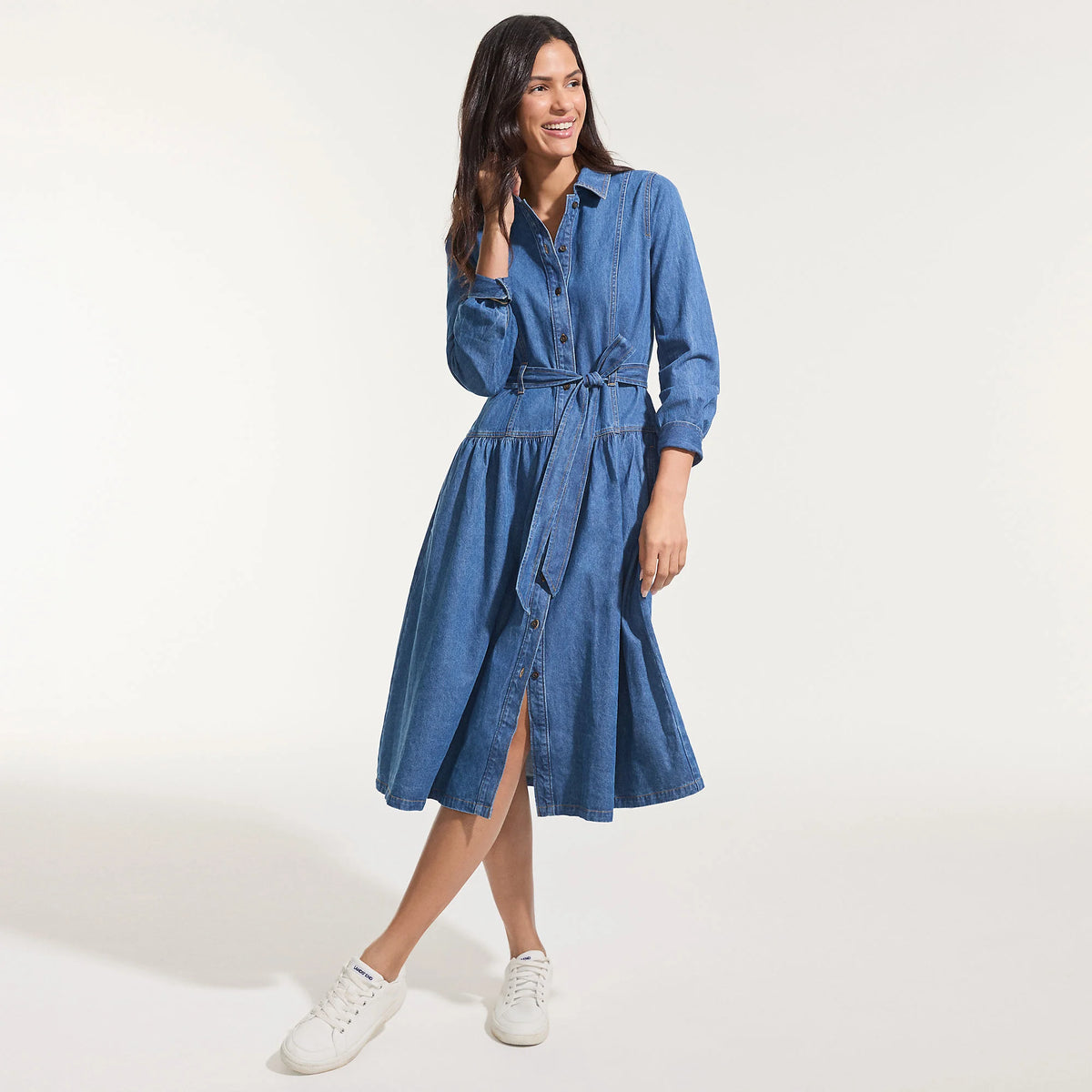 Women's Denim Button Front Midi Shirt Dress