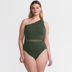Women's Plus Size Macrame One Shoulder High Leg One Piece Swimsuit