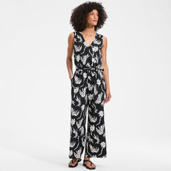 Women's Petite Sleeveless Creaseless Wrap Jumpsuit with Smocked Waist