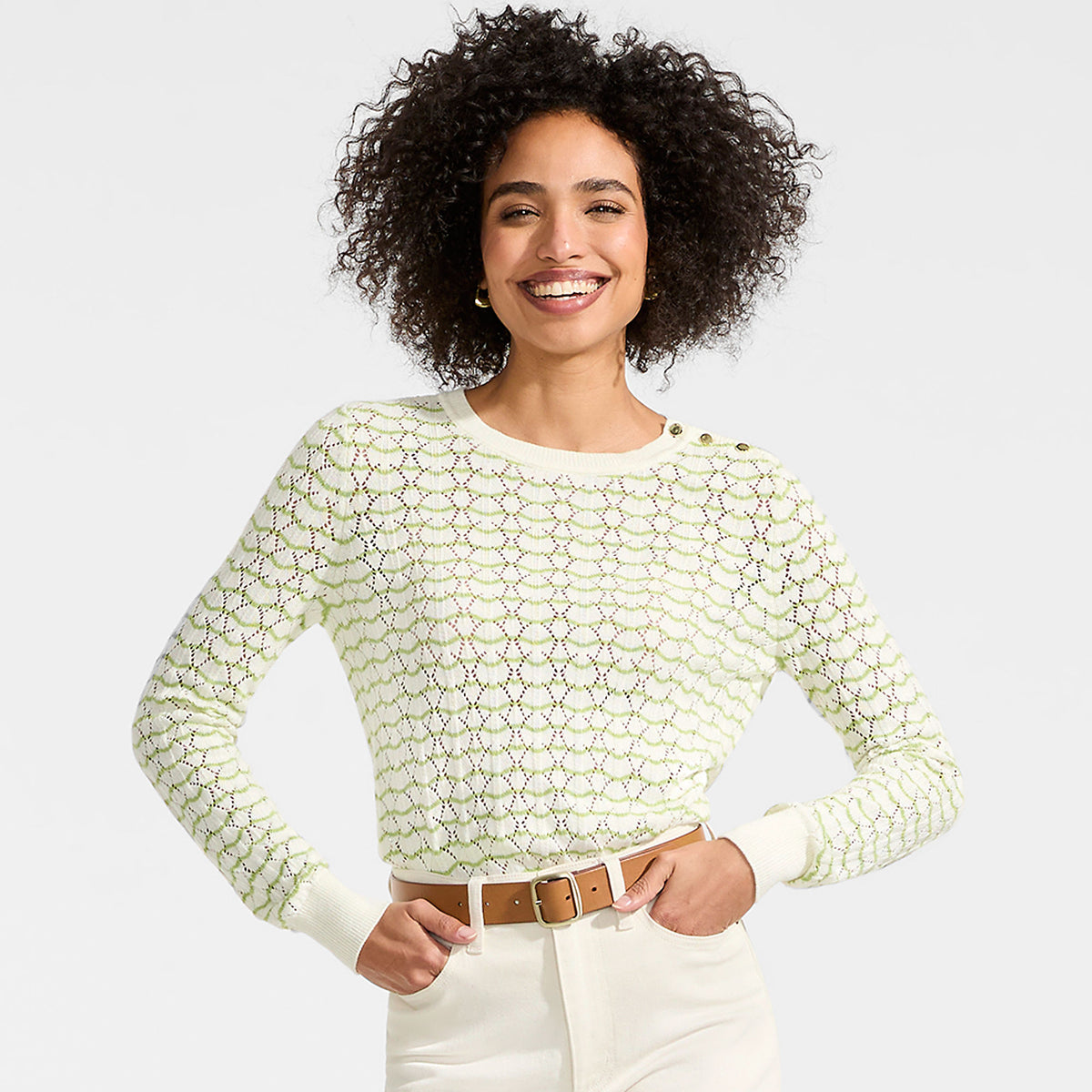 Women's Petite Cotton Viscose Button Shoulder Modern Crew Sweater