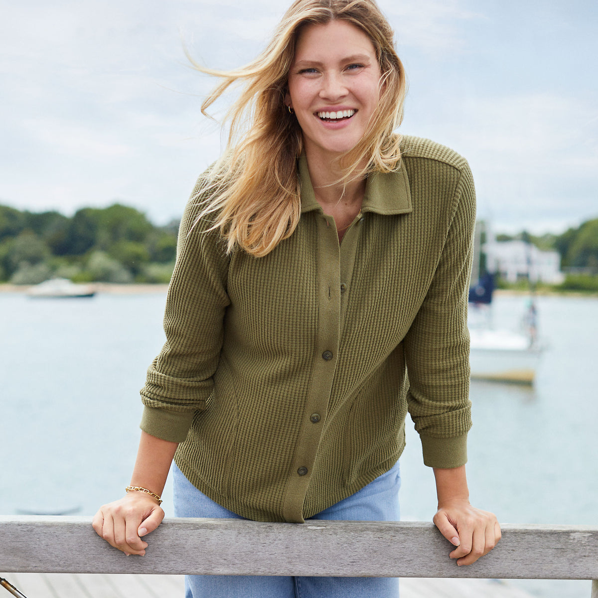 Women's Petite Long Sleeve Waffle Collared Shacket