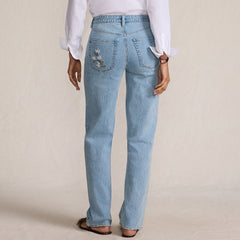 Women's Soft Denim Mid Rise Relaxed Straight Leg Embroidered Jeans