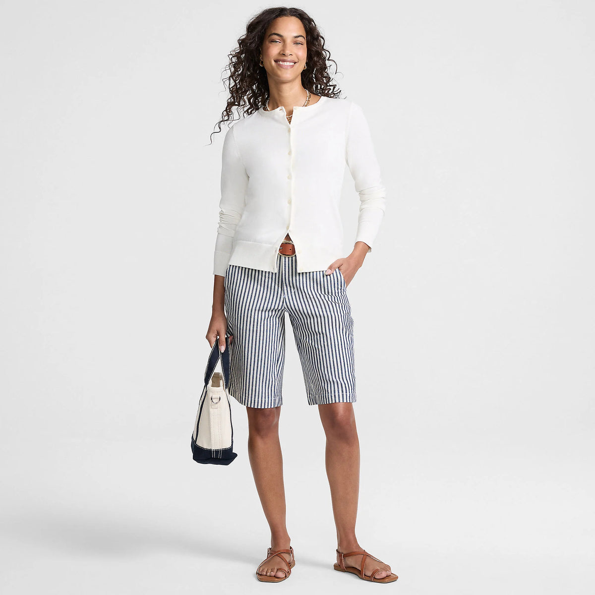 Women's Petite Elastic Back Classic 12" Chino Oxford Stripe Shorts