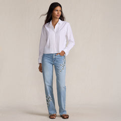 Women's Tall Soft Denim Mid Rise Relaxed Straight Leg Embroidered Jeans