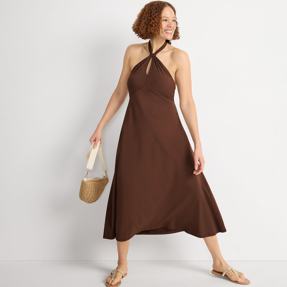Women's Petite Cotton Modal Halter Midi Dress